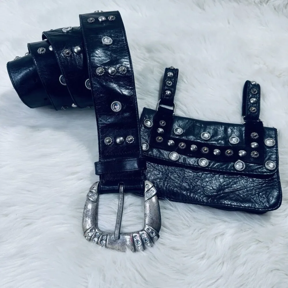Vintage Mikki G Black Leather Jeweled Belt Bag Detachable XL 